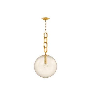 A vintage brass chain pendant light with a seeded glass orb.